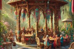 DALL·E-2025-07-11-21.38.04-A-hyper-photorealistic-close-up-vertical-fantasy-garden-cafe-scene-set-around-a-magical-Bosnian-style-bamboo-sadrvan-pavilion.-The-gazebo-is-adorned-