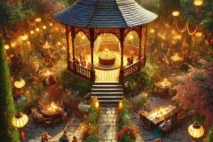 DALL·E-2025-07-11-21.38.23-A-hyper-photorealistic-vertical-fantasy-scene-showing-a-high-angle-view-of-a-magical-garden-cafe-built-around-a-Bosnian-style-bamboo-sadrvan-pavilion