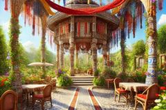 DALL·E-2025-07-11-21.38.30-A-hyper-photorealistic-close-up-vertical-fantasy-garden-scene-during-bright-summer-daylight.-At-the-center-is-a-beautifully-carved-Bosnian-style-bamb