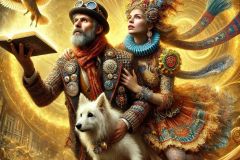 DALL·E-2025-07-14-21.14.24-A-photorealistic-and-surreal-close-up-scene-of-an-eccentric-bohemian-couple-and-their-anthropomorphic-dog-being-lifted-into-the-air-by-a-vortex-of-glo
