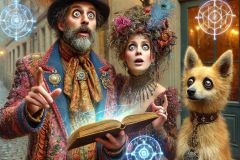 DALL·E-2025-07-14-21.14.32-A-photorealistic-and-surreal-close-up-scene-of-an-eccentric-bohemian-couple-and-their-anthropomorphic-dog-in-front-of-a-cafe-named-Zagreb-in-old-Zag