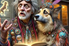 DALL·E-2025-07-14-21.14.33-A-photorealistic-and-surreal-close-up-scene-of-an-eccentric-bohemian-couple-and-their-anthropomorphic-dog-in-front-of-a-cafe-named-Zagreb-in-old-Zag