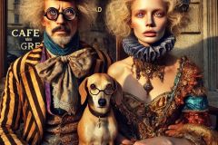 DALL·E-2025-07-14-21.14.38-A-photorealistic-and-surreal-close-up-portrait-of-an-eccentric-bohemian-couple-and-their-anthropomorphic-dog-posing-for-a-picture-in-front-of-a-cafe-