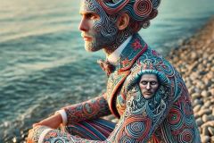 DALL·E-2025-07-16-21.08.08-A-photorealistic-close-up-image-of-a-man-sitting-next-to-the-sea-on-a-summer-day.-He-is-wearing-a-strange-surreal-and-elaborate-suit-inspired-by-the