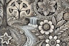 DALL·E-2025-07-16-21.09.28-A-nature-inspired-Zentangle-artwork-where-realistic-elements-like-flowers-leaves-water-and-trees-are-filled-with-abstract-Zentangle-patterns.-The-o