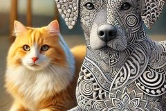 DALL·E-2025-07-16-21.09.45-A-photorealistic-image-of-a-cat-and-a-dog-depicted-in-a-different-Zentangle-style-with-both-animals-covered-in-unique-intricate-abstract-patterns-th
