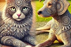 DALL·E-2025-07-16-21.09.47-A-photorealistic-image-of-a-cat-and-a-dog-depicted-in-a-different-Zentangle-style-with-both-animals-covered-in-unique-intricate-abstract-patterns-th