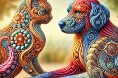DALL·E-2025-07-16-21.09.49-A-photorealistic-colorful-Zentangle-style-image-of-a-cat-and-a-dog-whose-bodies-fit-together-like-puzzle-pieces.-Both-animals-are-covered-in-vibrant