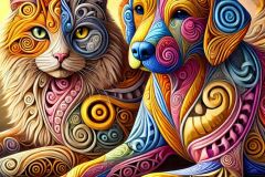DALL·E-2025-07-16-21.09.51-A-photorealistic-colorful-Zentangle-style-image-of-a-cat-and-a-dog-whose-bodies-fit-together-like-puzzle-pieces.-Both-animals-are-covered-in-vibrant