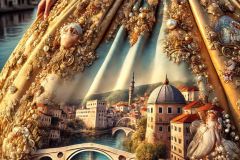 DALL·E-2025-10-11-00.49.46-An-ultra-hyperrealistic-photorealistic-close-up-of-the-lower-part-of-a-womans-ornate-baroque-gown-that-features-a-realistic-depiction-of-Mostar.-The-