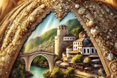 DALL·E-2025-10-11-00.49.49-An-ultra-hyperrealistic-photorealistic-close-up-of-the-lower-part-of-a-womans-ornate-baroque-gown-that-features-a-realistic-depiction-of-Mostar.-The-