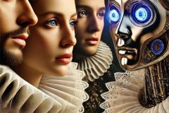 DALL·E-2025-10-11-00.52.58-An-ultra-hyperrealistic-surreal-sci-fi-close-up-portrait-featuring-Shakespearean-style-characters-interacting-with-a-futuristic-robot.-The-scene-is-bi