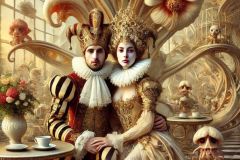 DALL·E-2025-10-11-00.53.07-An-ultra-hyperrealistic-surreal-vertical-portrait-of-a-court-jester-and-a-beautiful-woman-sitting-together-in-a-summer-cafe-blending-the-elegance-of-