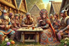 DALL·E-2025-09-13-00.49.24-An-ultra-hyperrealistic-horizontal-scene-in-ornate-fantasy-style-inspired-by-Mary-Ooms-showing-a-group-of-Vikings-gathered-together-in-a-village.-In-