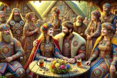 DALL·E-2025-09-13-00.49.27-An-ultra-hyperrealistic-horizontal-scene-in-ornate-fantasy-style-inspired-by-Mary-Ooms-showing-a-group-of-Vikings-gathered-together-in-a-village.-In-