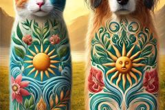 DALL·E-2025-09-13-01.01.37-An-ultra-hyperrealistic-vertical-full-body-portrait-of-a-cat-and-a-dog-standing-side-by-side-as-a-pair-in-a-style-inspired-by-Mary-Ooms.-Their-fur-is