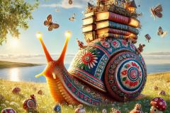 DALL·E-2025-06-29-11.20.34-A-surreal-photorealistic-summer-scene-in-the-style-of-Milic-of-Macva.-In-the-middle-of-a-sunlit-meadow-by-the-sea-a-giant-snail-with-a-folkloric-pat