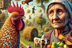 DALL·E-2025-06-29-21.44.18-Extreme-close-up-of-a-surreal-photorealistic-village-scene-inspired-by-naive-art-and-Serbian-rural-imagination.-In-the-foreground-a-peasant-woman-wi