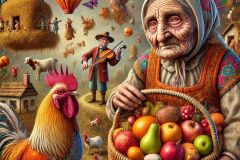 DALL·E-2025-06-29-21.44.20-Extreme-close-up-of-a-surreal-photorealistic-village-scene-inspired-by-naive-art-and-Serbian-rural-imagination.-In-the-foreground-a-peasant-woman-wi