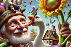 DALL·E-2025-06-29-21.44.23-Extreme-close-up-of-a-surreal-photorealistic-village-scene-inspired-by-naive-art-with-a-wild-and-whimsical-twist.-In-the-foreground-a-grinning-old-m