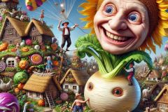 DALL·E-2025-06-29-21.44.24-Extreme-close-up-of-a-surreal-photorealistic-village-scene-inspired-by-naive-art-with-a-wild-and-whimsical-twist.-In-the-foreground-a-grinning-old-m