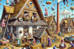 DALL·E-2025-06-29-21.44.39-Extreme-close-up-photorealistic-surreal-village-scene-during-a-sunny-day-inspired-by-naive-art-and-full-of-whimsical-chaotic-details.-In-the-foreg