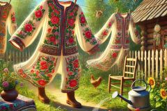 DALL·E-2025-06-29-21.44.59-Photorealistic-surreal-village-scene-in-daylight-extreme-close-up.-Beautiful-richly-embroidered-traditional-folk-costumes-are-walking-on-their-own-
