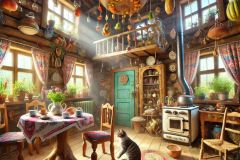 DALL·E-2025-06-29-21.45.26-Photorealistic-surreal-interior-of-a-whimsical-village-house-inspired-by-naive-art-and-rural-folklore.-The-room-is-brightly-lit-with-sunlight-streami