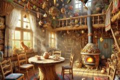 DALL·E-2025-06-29-21.45.28-Photorealistic-surreal-interior-of-a-whimsical-village-house-inspired-by-naive-art-and-rural-folklore.-The-room-is-brightly-lit-with-sunlight-streami