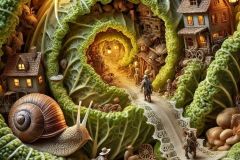 DALL·E-2025-06-30-20.16.53-Extreme-close-up-photorealistic-surreal-scene-inside-a-cabbage-inspired-by-the-style-of-Milic-of-Macva.-Hidden-between-the-cabbage-leaves-is-a-minia