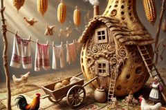 DALL·E-2025-06-30-20.17.39-Extreme-close-up-photorealistic-surreal-rural-folklore-scene-inspired-by-the-style-of-Milic-of-Macva.-A-crooked-wooden-house-grows-out-of-a-giant-gou