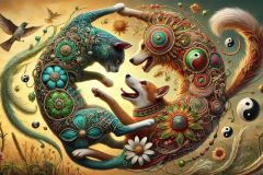 DALL·E-2025-09-13-01.03.03-An-ultra-hyperrealistic-horizontal-close-up-scene-of-a-cat-and-a-dog-playing-wildly-together-in-ornate-fantasy-style-inspired-by-Mary-Ooms.-Their-bodi