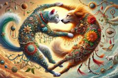 DALL·E-2025-09-13-01.03.04-An-ultra-hyperrealistic-horizontal-close-up-scene-of-a-cat-and-a-dog-playing-wildly-together-in-ornate-fantasy-style-inspired-by-Mary-Ooms.-Their-bodi
