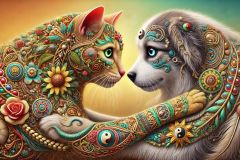 DALL·E-2025-09-13-01.03.07-An-ultra-hyperrealistic-extreme-close-up-horizontal-scene-of-a-cat-and-a-dog-playing-together-their-bodies-intertwining-in-a-yin-yang-like-compositio