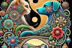 DALL·E-2025-09-13-01.03.25-An-ultra-hyperrealistic-artistic-logo-style-image.-A-cat-and-a-dog-are-intertwined-in-a-yin-yang-composition-richly-decorated-with-colorful-ornamenta