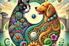 DALL·E-2025-09-13-01.03.30-An-ultra-hyperrealistic-artistic-logo-style-image-set-in-a-bright-summer-day.-A-cat-and-a-dog-are-intertwined-in-a-yin-yang-composition-richly-decora