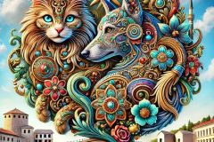 DALL·E-2025-09-13-01.03.36-An-ultra-hyperrealistic-ornate-artistic-logo-style-image-set-in-a-bright-summer-day.-A-cat-and-a-dog-are-intertwined-in-a-yin-yang-composition-richly
