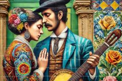 DALL·E-2025-09-13-01.04.46-An-ultra-detailed-ornate-and-colorful-azulejos-style-vertical-mural-inspired-by-Portuguese-fado.-The-close-up-artwork-shows-a-fado-singer-and-a-guita