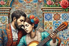 DALL·E-2025-09-13-01.04.47-An-ultra-detailed-ornate-and-colorful-azulejos-style-vertical-mural-inspired-by-Portuguese-fado.-The-close-up-artwork-shows-a-fado-singer-and-a-guita