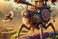 DALL·E-2025-06-30-20.18.21-Photorealistic-surreal-rural-fantasy-scene-inspired-by-the-style-of-Milic-of-Macva.-A-strange-living-creature-made-of-wood-glass-embroidery-and-c