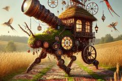 DALL·E-2025-06-30-20.18.23-Photorealistic-surreal-rural-fantasy-scene-inspired-by-the-style-of-Milic-of-Macva.-A-strange-living-creature-made-of-wood-glass-embroidery-and-c