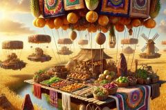 DALL·E-2025-06-30-20.18.36-Photorealistic-surreal-close-up-scene-inspired-by-the-style-of-Milic-of-Macva.-A-floating-village-market-drifts-gently-above-a-golden-field-under-the