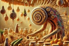 DALL·E-2025-06-30-20.18.45-Extreme-close-up-photorealistic-surreal-scene-inspired-by-Milic-of-Macva.-At-a-floating-village-market-stall-made-of-quilted-fabric-and-carved-wood-