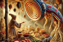 DALL·E-2025-06-30-20.18.47-Extreme-close-up-photorealistic-surreal-scene-inspired-by-Milic-of-Macva.-At-a-floating-village-market-stall-made-of-quilted-fabric-and-carved-wood-