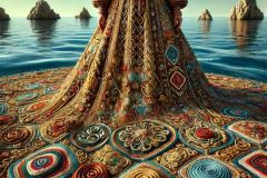 DALL·E-2025-06-30-20.19.47-Extreme-close-up-photorealistic-surreal-scene-inspired-by-Milic-of-Macva.-A-woman-stands-beside-the-sea-in-bright-daylight-wearing-a-long-flowing-d