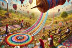 DALL·E-2025-06-30-20.20.19-Extreme-close-up-photorealistic-surreal-rural-scene-inspired-by-Milic-of-Macva.-In-a-sunny-Balkan-village-landscape-a-giant-floating-spool-of-thread