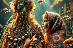 DALL·E-2025-06-30-20.20.53-Extreme-close-up-photorealistic-surreal-underwater-village-scene-inspired-by-Milic-of-Macva.-A-folkloric-underwater-being-with-gills-and-richly-detai
