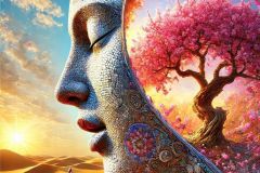 DALL·E-2025-09-19-22.42.07-A-surreal-ultra-hyperrealistic-vertical-scene-of-a-giant-female-mosaic-face-in-the-desert-bending-and-folding-like-a-leaf-in-the-wind.-As-the-face-fo