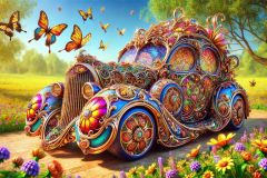 DALL·E-2025-09-19-22.44.46-An-ultra-hyperrealistic-surreal-fantasy-car-in-ornate-Mary-Ooms–inspired-style-shown-in-a-bright-summer-setting.-The-cars-body-is-richly-decorated-w