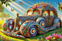 DALL·E-2025-09-19-22.44.48-An-ultra-hyperrealistic-surreal-fantasy-car-in-ornate-Mary-Ooms–inspired-style-shown-in-a-bright-summer-setting.-The-cars-body-is-richly-decorated-w